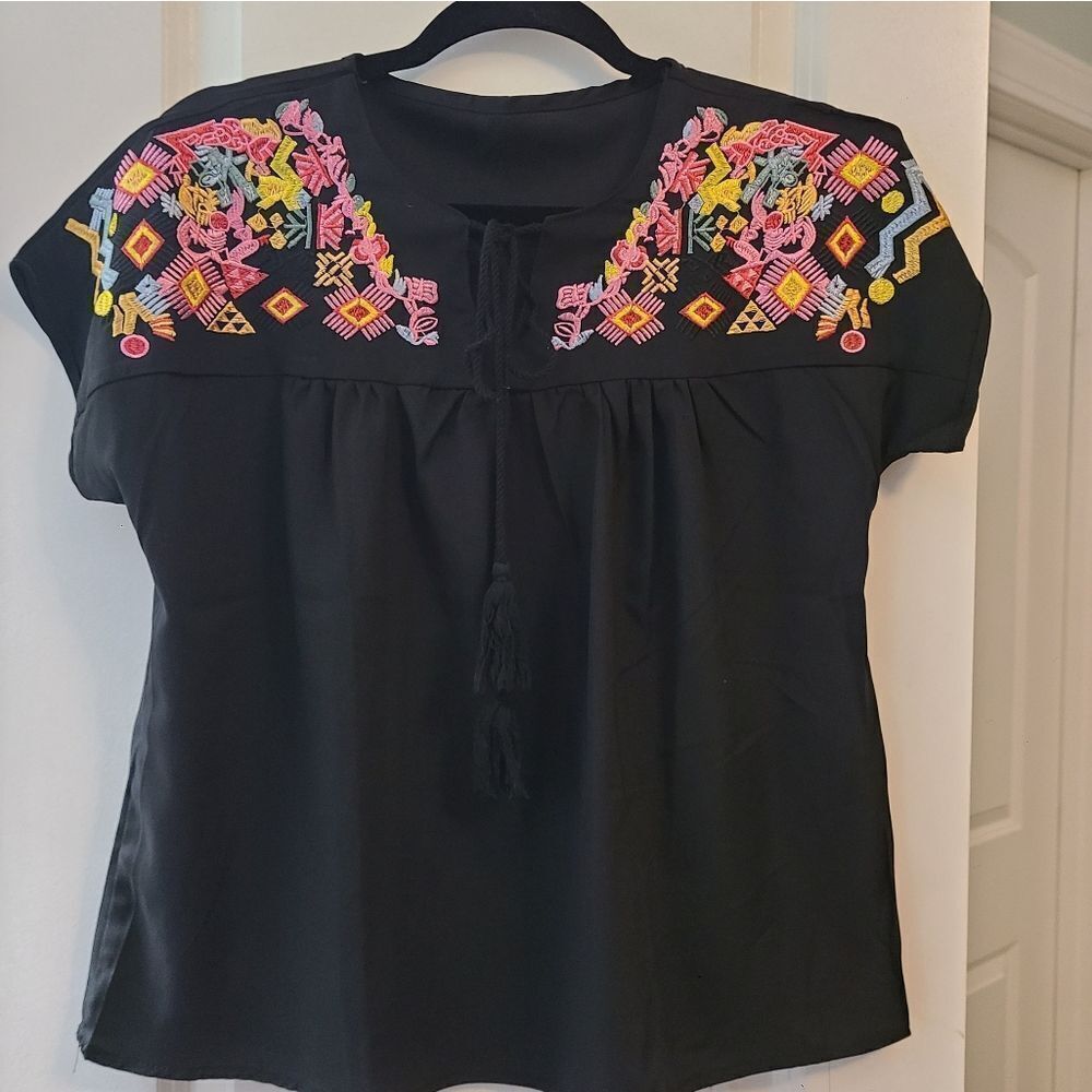 Boho Embroidered Black Peasant Blouse - Picture 4 of 9